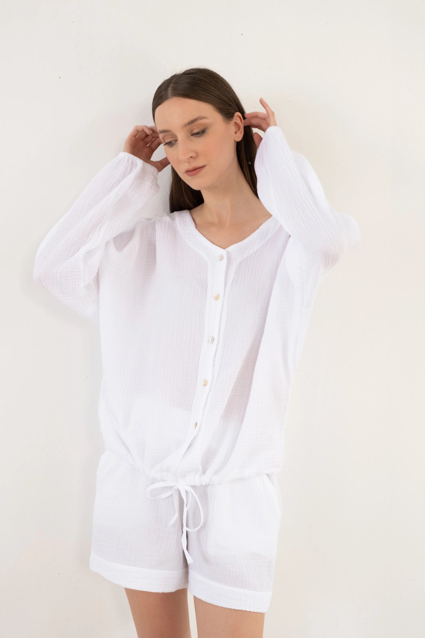 MUSLIN BUTTON UP V NECK TOP